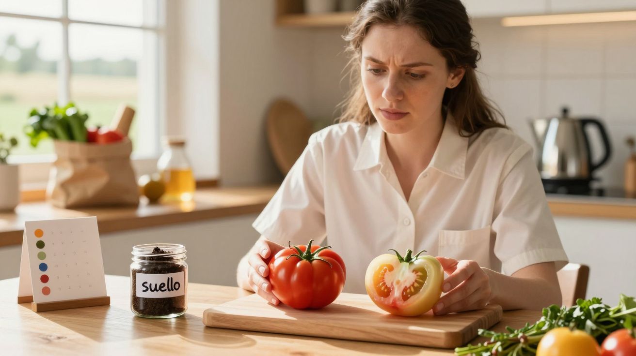 Mujer en cocina mirando tomates, uno cortado, junto a frasco que dice "suello" y calendario con pegatinas de colores.