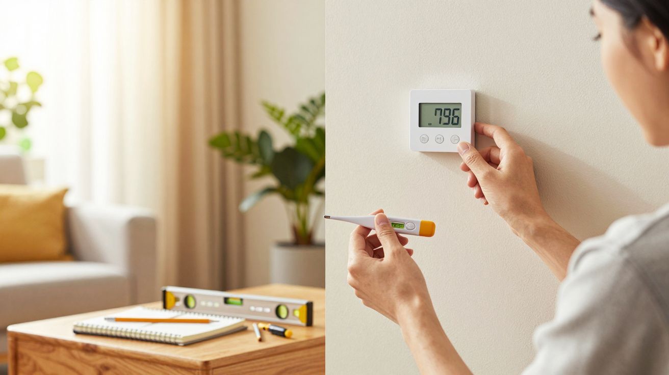 Persona ajustando un termostato digital en una pared. Mesa cercana con libreta, nivel de burbuja y bolígrafo.