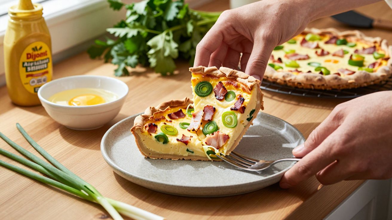 Persona sirviendo una porción de quiche con puerro y bacon en un plato gris, junto a ingredientes frescos sobre una mesa.