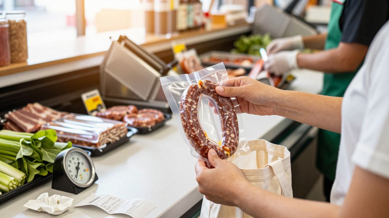 Cliente en supermercado embalando embutido en bolsa mientras cajero registra los productos.