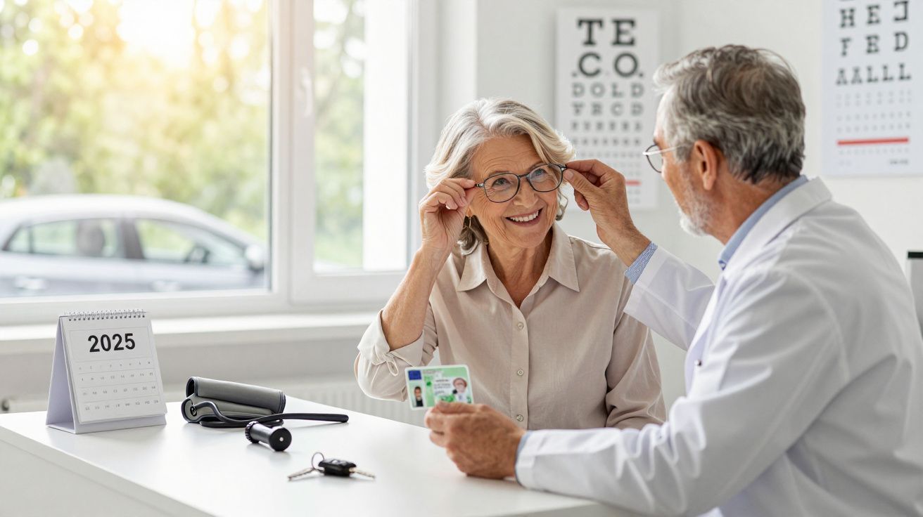 Doctor ajusta las gafas de una mujer mayor sonriente en consulta, con un calendario de 2025 sobre la mesa.