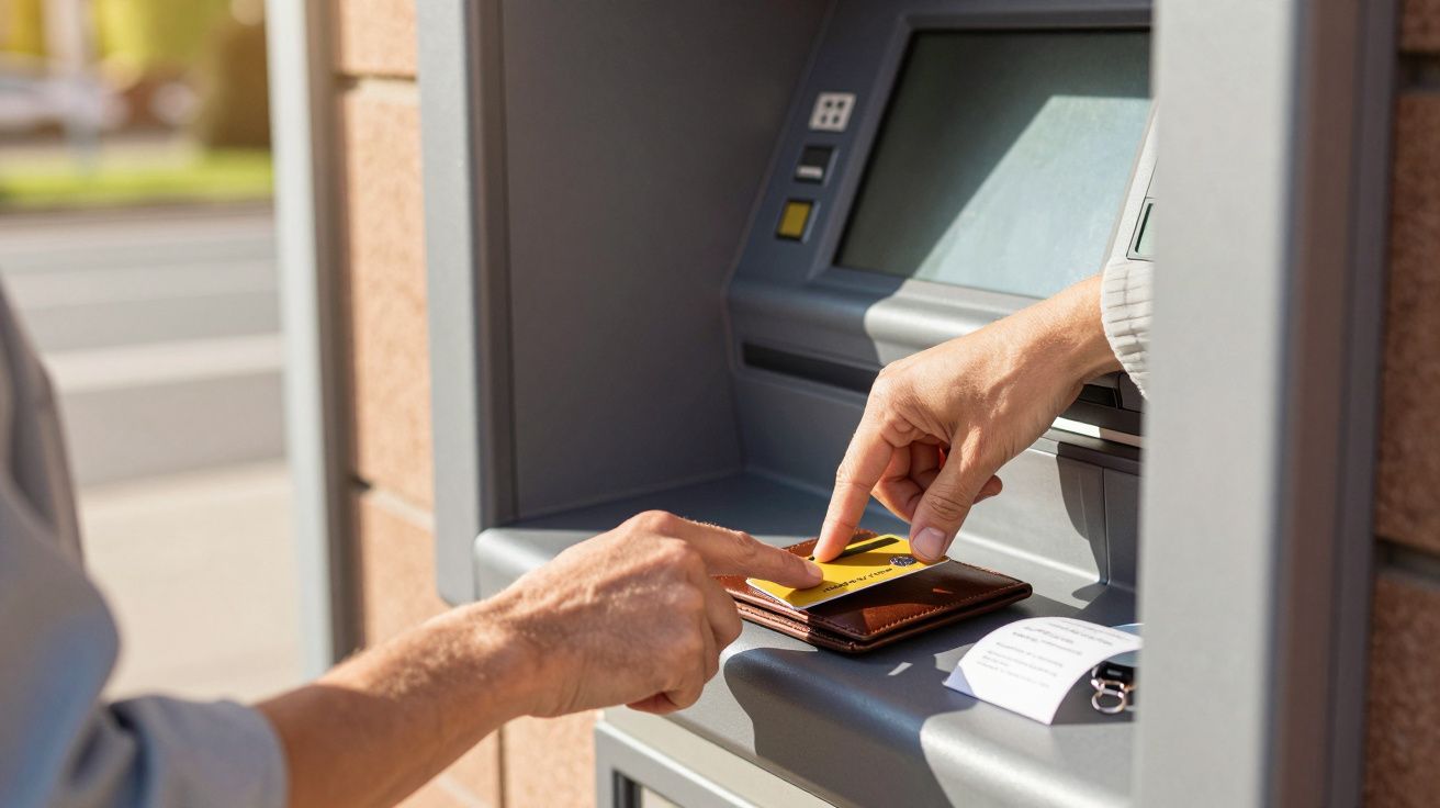 Dos personas utilizan un cajero automático, insertando una tarjeta amarilla y una cartera sobre la máquina.