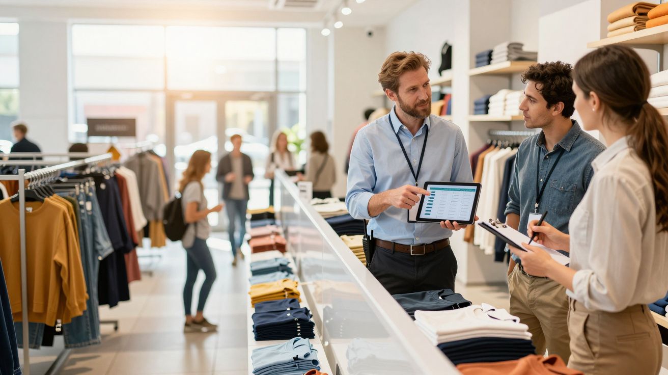 Persona con tablet habla con dos personas en una tienda de ropa bien iluminada y concurrida.