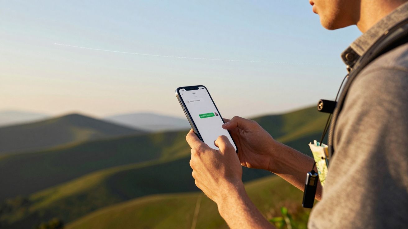 Persona usando un smartphone al aire libre con colinas verdes al fondo.
