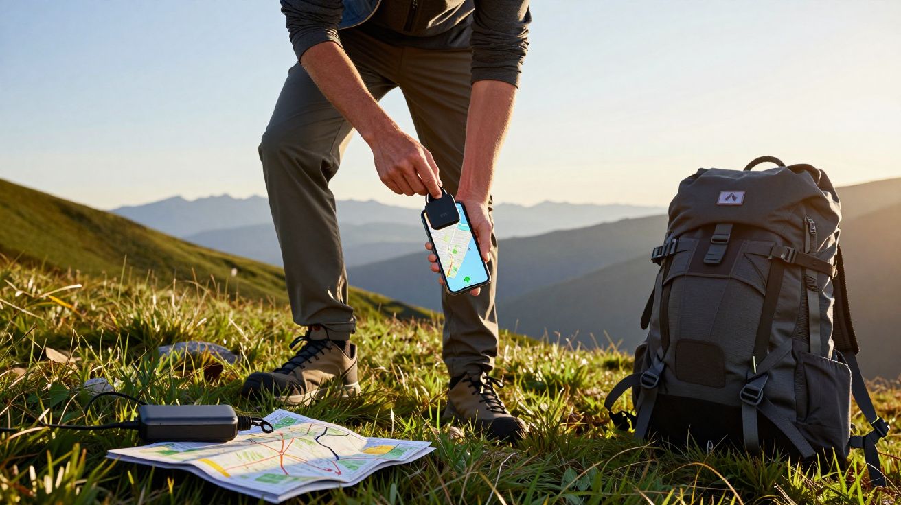 Persona consultando el móvil con mapa en la montaña, junto a una mochila y un mapa en el suelo.