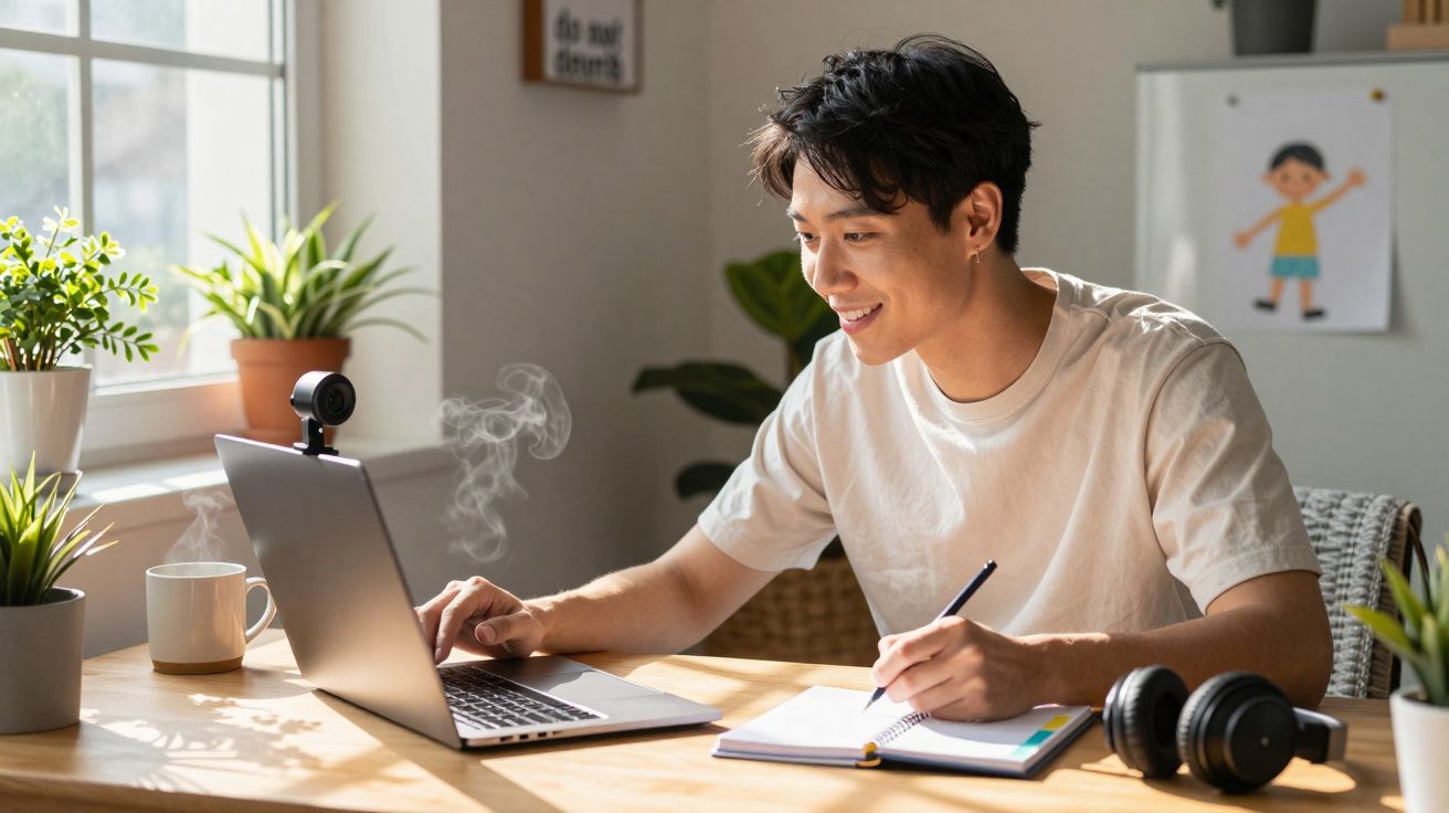 Persona sonriente trabajando en una laptop en una mesa con plantas y cuaderno, usando auriculares negros.