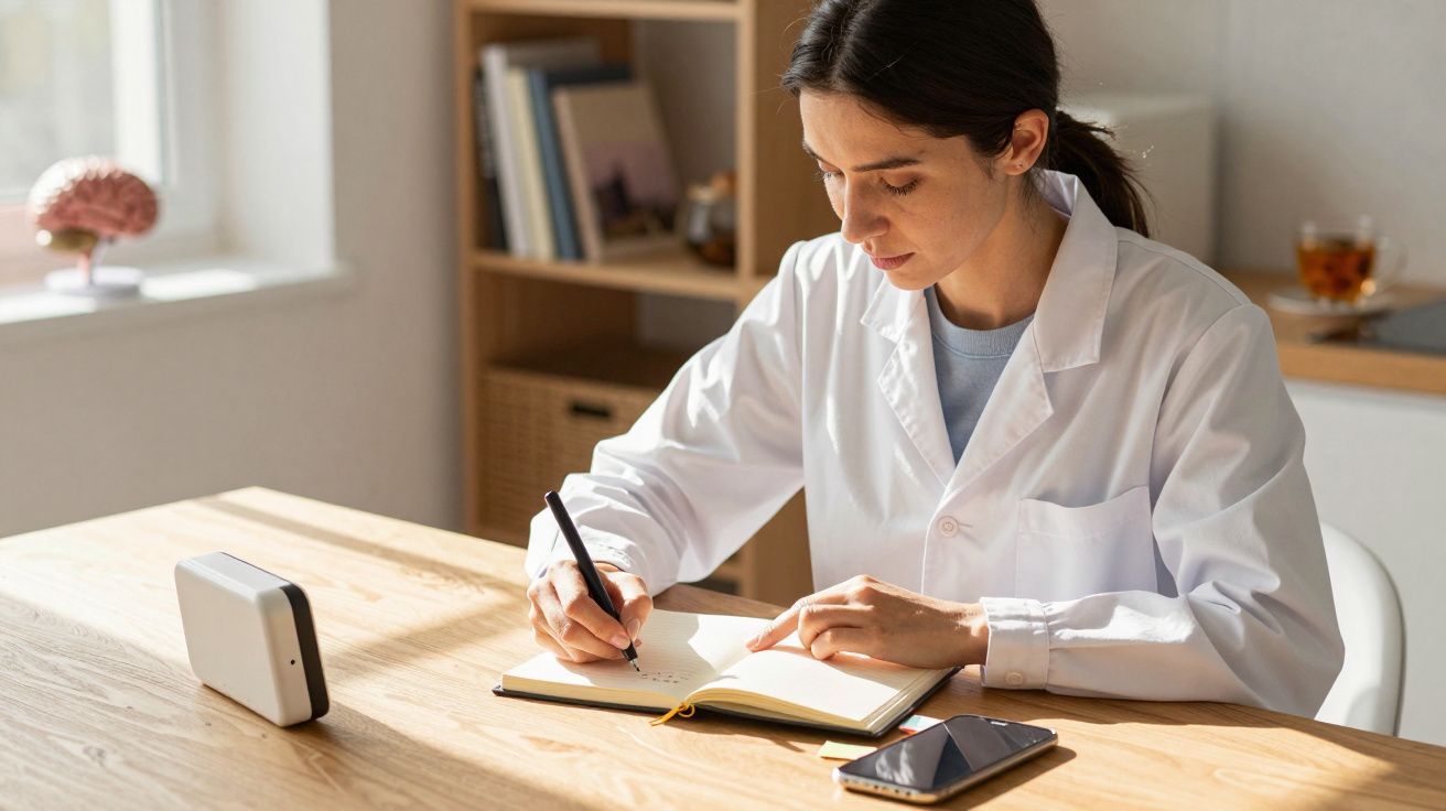 Mujer con bata blanca escribiendo en un cuaderno en una mesa, cerca de un teléfono y un dispositivo electrónico.