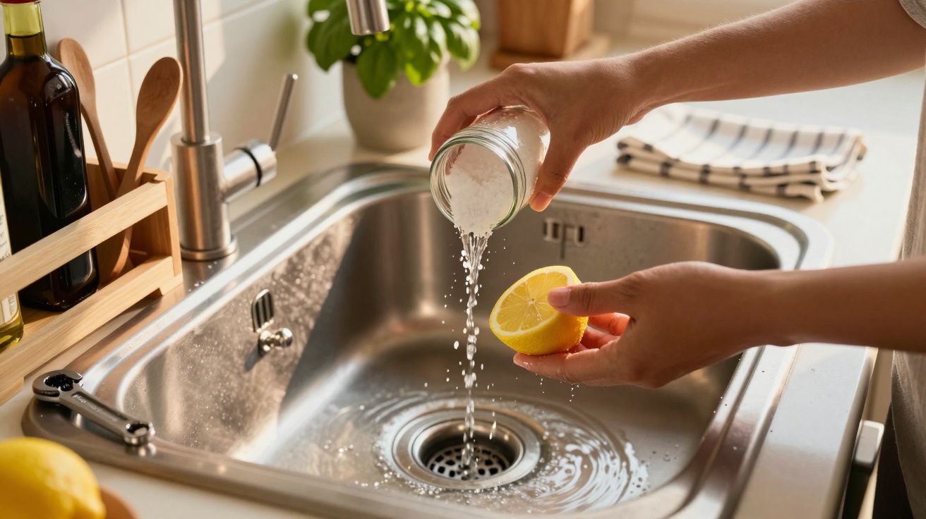 Manos vertiendo bicarbonato y exprimiendo limón en un fregadero de cocina para limpieza natural.